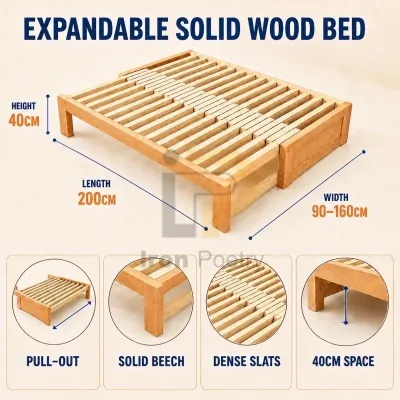 lron Poetry.PH Expandable Solid Wood Bed Frame Pull Out Adjustable Size Wooden Platform Bed 800KG Load
