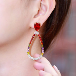 SEQUITO Bông Tai Lớn Phóng Túng Hình Giọt Nước Rỗng Mạ Vàng Đá CZ Nhiều Màu Rực Rỡ Với Chốt Bạc 925 Trang Sức Boho Cho Nữ SE533