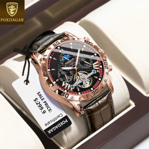 Top POEDAGAR automatic mechanical watch for men original waterproof luxury genuine leather sapphire glass tourbillon calendar luminous moon star watch