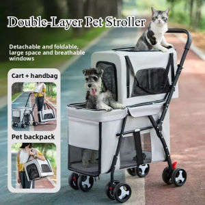 Double Pet Stroller for Cats & Dogs - Foldable 2-Layer Outdoor Carrier Cart Travel Buggy Safe