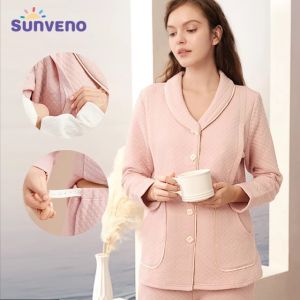 Sunveno Women Maternity Pregnancy Clothes Cotton Postpartum Nursing Sleepwear with Open Breastfeeding Pocket Comfortable Nursing Set Pregnant Sleepwear