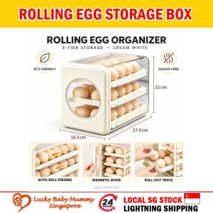 Egg Storage Box 3 Tier Rolling Egg Organizer with Magnetic Door Pull Out Trays for Fridge Cream White