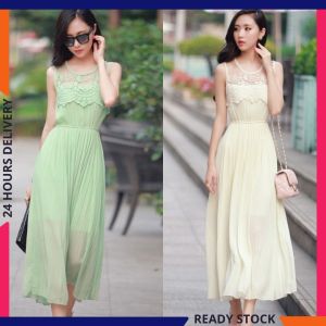 CFBOUTIQUE Korean Style Women Fashion Lace Panel Pleated Sleeveless Lace Long Summer Dress