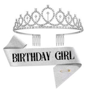 BESTOUR 2Pcs/Set Glitter Birthday Party Crown Sash Bling Rhinestone Gold Birthday Tiara Silver Crystal Crown Party