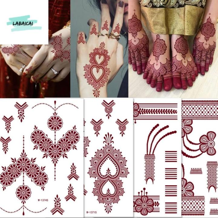 LABAICAI Legs Arm Henna Tattoo Stickers Lace Fake Tattoo Red Mehndi ...