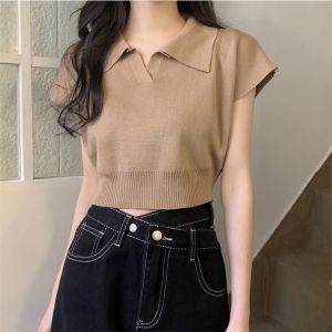 PM✿ Summer Short Sleeve POLO Shirt Knit Crop Top