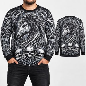 Mens Plus Size Horse Skull Graphic Long Sleeve Crew Neck Casual Riding Shirt LA039