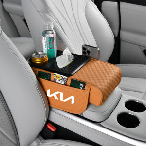 4-in-1 Multifunctional Car Armrest Cushion with Tissue Holder Cup Slot Storage Pocket -PU Leather For KIA EV6 GT Picanto Rio Stonic Soluto Seltos Forte Sportage Carnival Sorento Stinger K3 K5 ﻿Interior Accessories