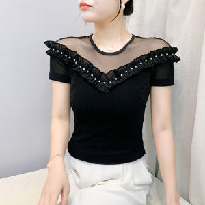 Yiemi Áo Thun Lưới Ren Kim Cương khảm móng tay cổ một chữ áo cho nữ ngắn tay