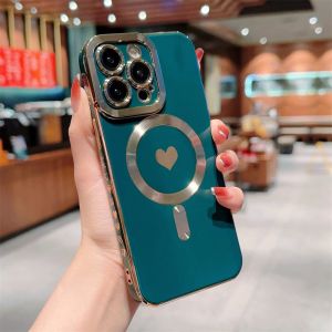 Kisscase Mạ sang trọng cho Magsafe Ốp điện thoại cho Iphone 14 Pro Max 14Plus 13 12 11 Vỏ mềm màu trơn Sạc từ hình trái tim tình yêu dễ thương