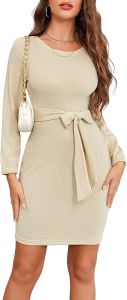 Dressystar Womens Long Sleeve Crewneck Ribbed Knit Sweater Dress Casual Elegant Midi with Tie Waist Belt for Fall/Winter