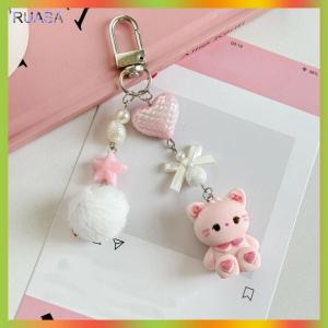 RUASA Cute Rabbit Kitty Bear Pendant Key Chain Fluffy Ball Bow Bead Mobile Phone Chain Anti-Lost Lanyard Kawaii Bag Charm Gift