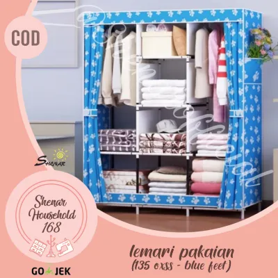 Lemari Baju Multifungsi dengan Tempat Gantungan Baju dan Penutup Debu/lemari 3 sekat/ Lemari Pakaian Jumbo /Lemari Pakaian 3 Sisi/lemari baju murah/Lemari Portable /lemari boneka/Lemari serbaguna/Lemari anak/Lemari motif(135 OXSS-BLUE FEET )SHENAR