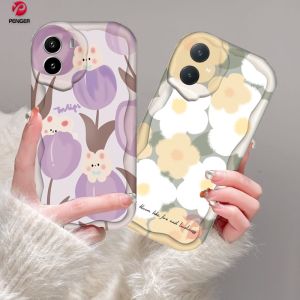 PENGER Casing hp Vivo Y36 Y27 Y16 Y12s Y20 Y02A Y02T Y35 Y11 Y17 Y21 Y15 Y12 Y30i Y22 Y15s Y20s Y22s Y21A Y12i Y21s Y15A Y33s Y51 Y91C Y91 Casing Tepi Lengkung Bergelombang 3D Bunga Tulip Kelinci Lucu Soft Case Cover