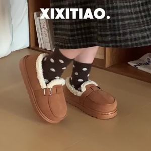 WY-XIXITIAO Casual Student Loafers with Fleece Fashionable Slip-On Shoes for Women Winter Flat Warm Comfortable Retro Shoes