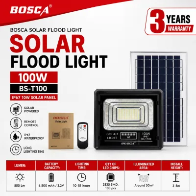 BOSCA 3 Year Warranty 100W Solar Led Outdoor Flood Light Street Lamp IP67 Waterproof With Remote BS-T