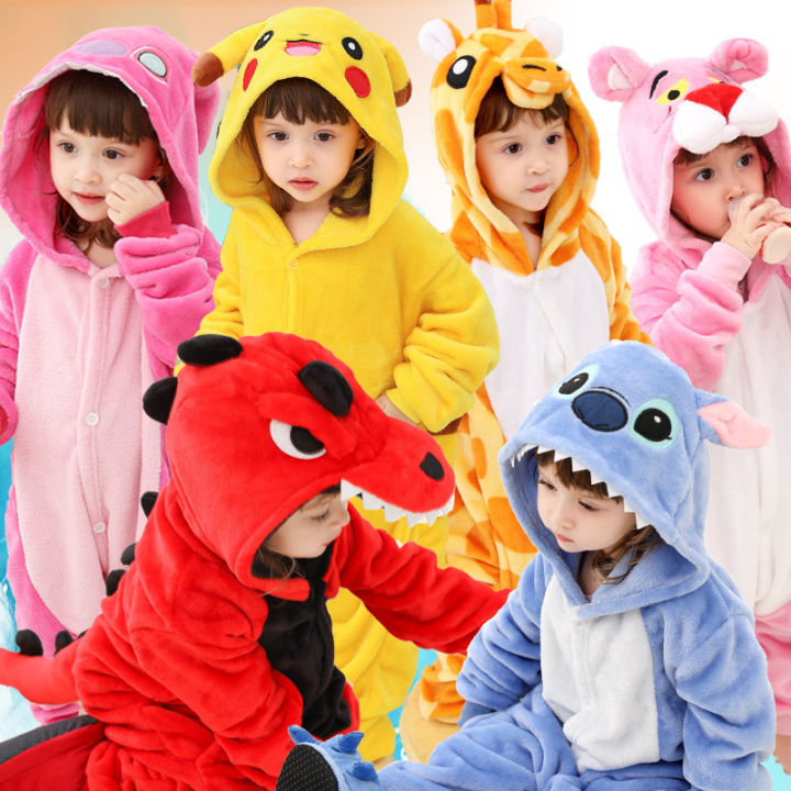 Kids Animal Onesie Pajamas – Soft Flannel Cosplay Costume Sleepwear With Hood & Pockets For Halloween & Parties