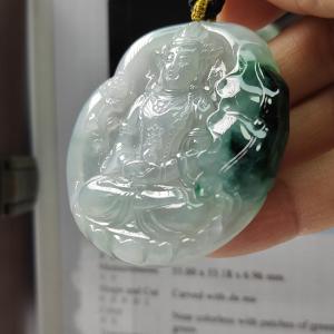 Very Rare Old Mine Myanmar Natural Type A Jadeite Pendant carved as Du Mu with a weigh at 181.11 grams  measurements at 55 * 55.158 * 6.96 mm - Translucent near colorless with patches of green and deep green with good translucency (pendant153)