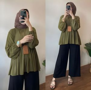 Setelan Cringkle Wanita One Set kekinian Rania 2in1 Kancing Hidup Baju + Celana