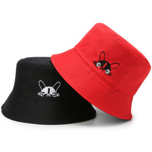 Classic Style Double-sided Bucket Hats For Women Dog Embroidered Couple Hat Sunshade Basin Caps For Girls