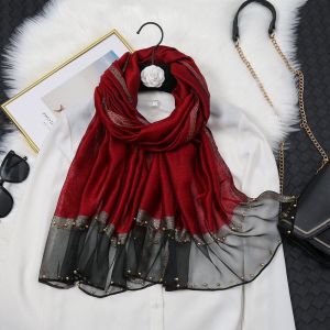 Retro 192*103cm Pearl-Studded Imitation Silk Scarf High-End Womens Versatile All-Season Thin Breathable Hijabs Accessories