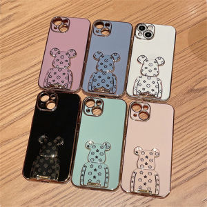 ROAZIC Bear Holder Phone Case for infinix Hot 50 5G With Lanyard Electroplate Casing Soft Silicone Bracket Shockproof Back Cover JT02-2