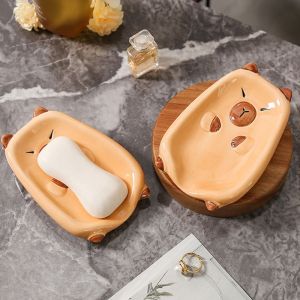 CUNXIN Cartoon Capybara Soap Tray Sloping Base Ceramic Self Draining Soap Holder Soap Saver Tray Quick-dry Shower Soap Dish Soap Bars