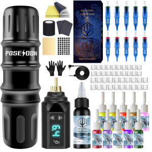 Bộ bút Tattoo Poseidon-Máy xăm với hộp kim xăm 10pcs nguồn điện không dây với dụng cụ xăm mực xăm cho nghệ sĩ