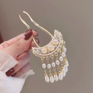Jepit Rambut Korea Bahan Alloy 12cm Aksen Mutiara dengan Rumbai Tusuk Konde Logam Sirkam TKAJ007