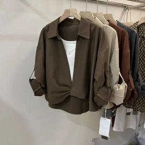 Fashion Simplicity Elegant Trend Spring Summer Pullover TopsLong SleevePolo Collar Fake Two Long Sleeved Shirts For Women