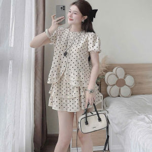 QC_Set đồ nữ mặc hè set Cotton Lạnh chấm bi áo cổ tròn tay bồng kèm chân váy ngắn có lót quần
