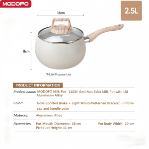 MODOFO 16 cm Non-Stick Granite-Coated Milk Pot – 2.5L Capacity Detachable Handle Tempered Glass Lid