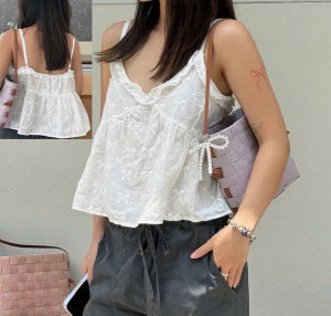 Vải boi thêu nơ Có lót Mặc 2 kiểu Áo babydoll 2 dây điều chỉnh viền bèo màu trắng dễ thương năng động gợi cảm nữ tính MORPHIN TOP