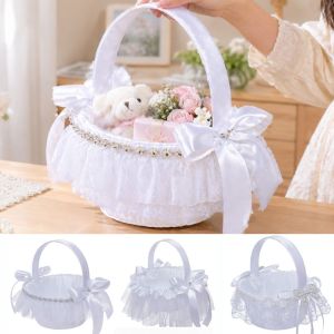 NOBLELYN 4 Styles Satin Pearl Knot Flower Basket White Wedding Accessories Wedding Flowers Basket Wedding Party Bridal Satin Lace Basket For Ladies Supplies/for Wedding Ceremony Accessories