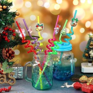 SKJK 6pcs Spiral Christmas Spiral Straw Food Grade Santa Claus Snowman Christmas Party Supplies Cute 27cm Christmas Cartoon Straw Home