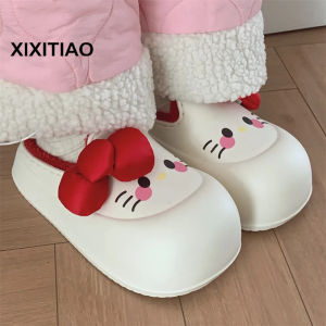 Xixitiao Dép Cotton giữ nhiệt thời trang trong nhà và ngoài trời hình chú thỏ có nơ trực tuyến mới chống nước cho nữ