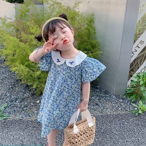 ✨QZ-04✨ ชุดเดรสเจ้าหญิง ลายดอกไม้สีฟ้า แขนพอง พอดีเข่า สําหรับเด็กผู้หญิง ส่งจากไทย