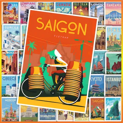 Set 52 cái Sticker Travel Vintage Retro chống nước hình dán du lịch các nước dán laptop vali điện thoại