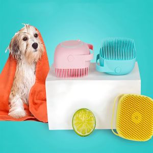 Pet Bath Brush with Shampoo Dispenser 2-in-1 Silicone Dog Wash Scrubber for Gentle Cleaning Massage Cat Grooming Tool