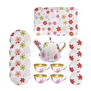 14-Piece Toddlers Pretend Teapot Set Tea Party Kitchen Pretend Playset Toy Metal Kitchenware Tea Cups Dishes Accessories