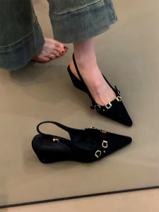 [Free Shipping] Niche High-Heeled WomenS Shoes 2026 Spring New Collection Retro Style Buckle Detail Pointed Toe Shallow Opening Wedge Heel Backless Sandals