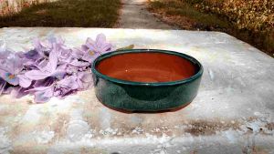 Chậu bonsai oval Bát Tràng men xanh hoả biến 1 size BM-119