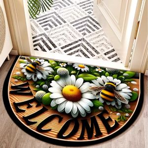 W0AGZ4J2 Non Slip Half Round Doormat Boho Flower Floral Entrance Mat Absorbent Door Mat Indoor Outdoor
