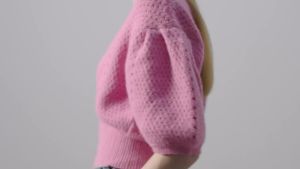 Womens Puff Short Sleeve Sweater  V  Button Collar Knitted Top Crochet Soft Knitwear