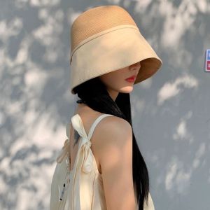 YOYO CHARMING Shade Sun Caps Foldable Bucket Hat Weave Stripe Straw Hat Sweet Summer Sunscreen Bucket Hat Girls