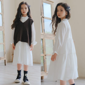 Girls White Dress 2023 Autumn New Long Sleeve Mori Girl Style Splicing Little Fairy Western Style Cake Dress