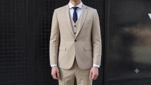 Mens Beige 3 Piece Suit Set Blazer Vest Pants with Free Tie Korean Slim Fit Wedding Groom Formal Suit S-6XL