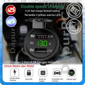 USB Charger 2 Port 4.2A Dengan Voltmeter Untuk Motor dan Mobil