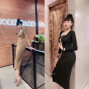 Đầm body dài tay cổ vuông cúc bấm thời trang XIXO cao cấp sang mịn đẹp