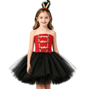 11.11 Showman Themed Tiered Ruffled Mesh Outfit Circus Host Style Black Red Tutu for Halloween Banquet Carnival Show Dress Up Clothes h2610